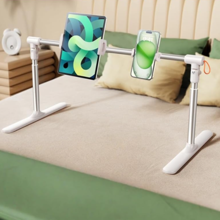 Telescopic and height-adjustable bedside stand for phones and tablets