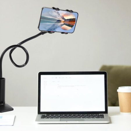 Hands-free bedside phone holder with a curved arm
