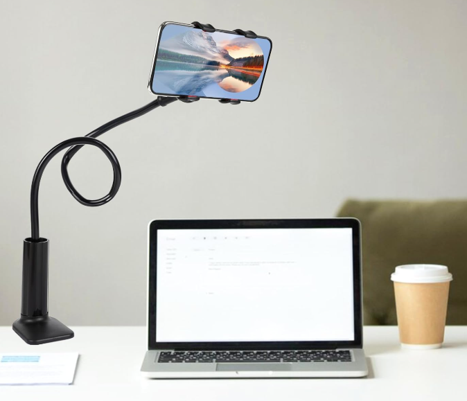 Hands-free bedside phone holder with a curved arm