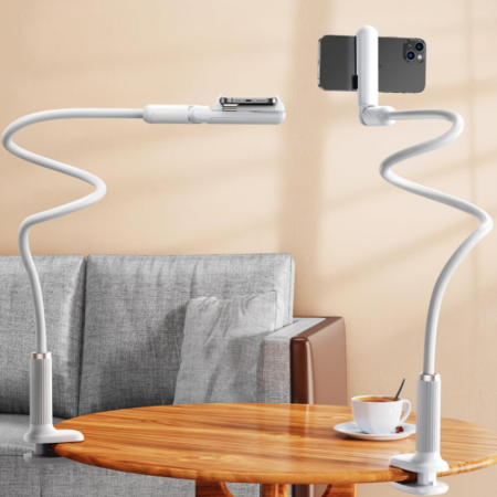 Flexible-arm phone mount for both bedside and desktop use
