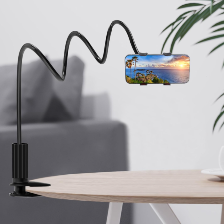 Extended flexible-arm phone holder for bedside or desktop use