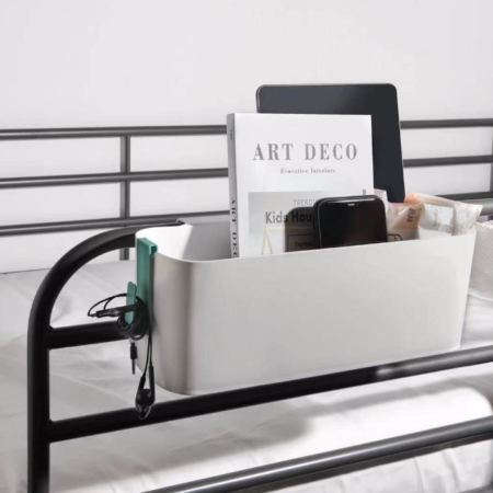Multi-tier storage shelf for hanging on bed railings