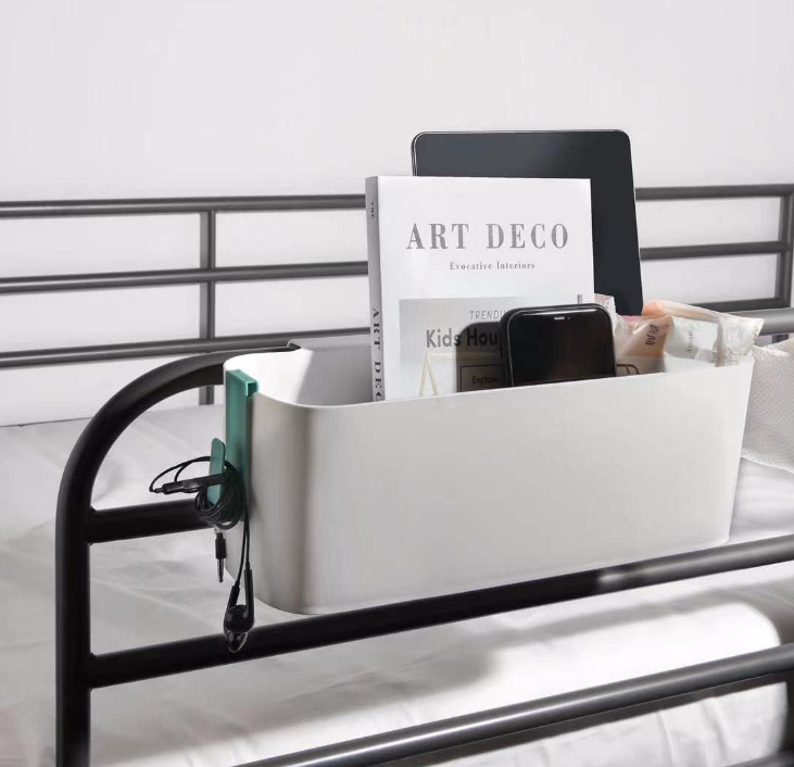 Multi-tier storage shelf for hanging on bed railings
