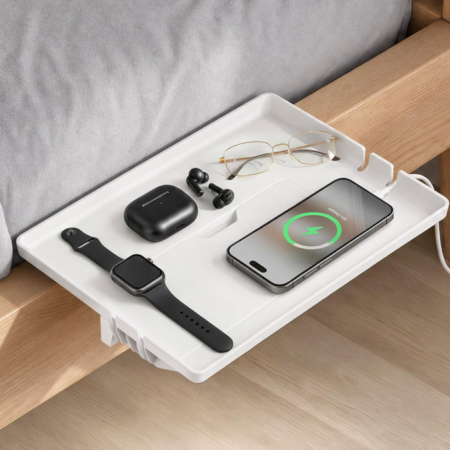 Simple clamp-on bedside storage tray