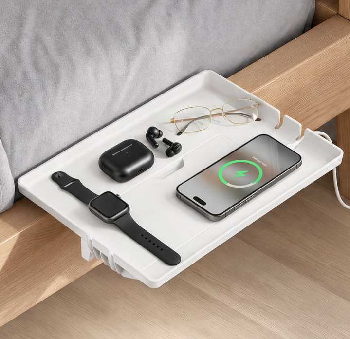Simple clamp-on bedside storage tray