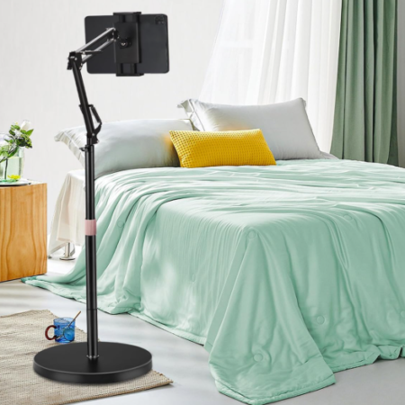 Stable-base floor-standing height-adjustable stand for phones and tablets