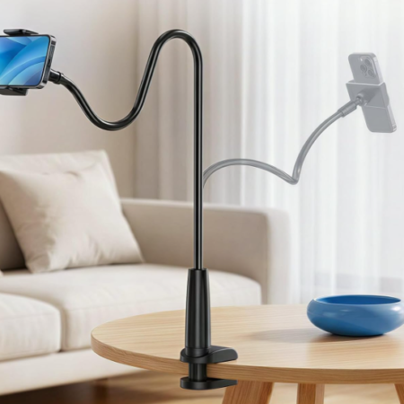 Versatile long-arm phone holder for desks and beds