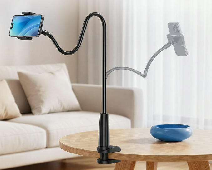 Versatile long-arm phone holder for desks and beds